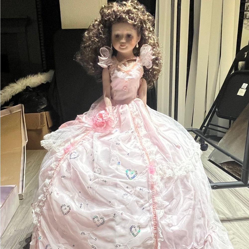 Kinnex Porcelain Quinceanera Doll with Umbrella Pink, 18" Elegant Pink Doll